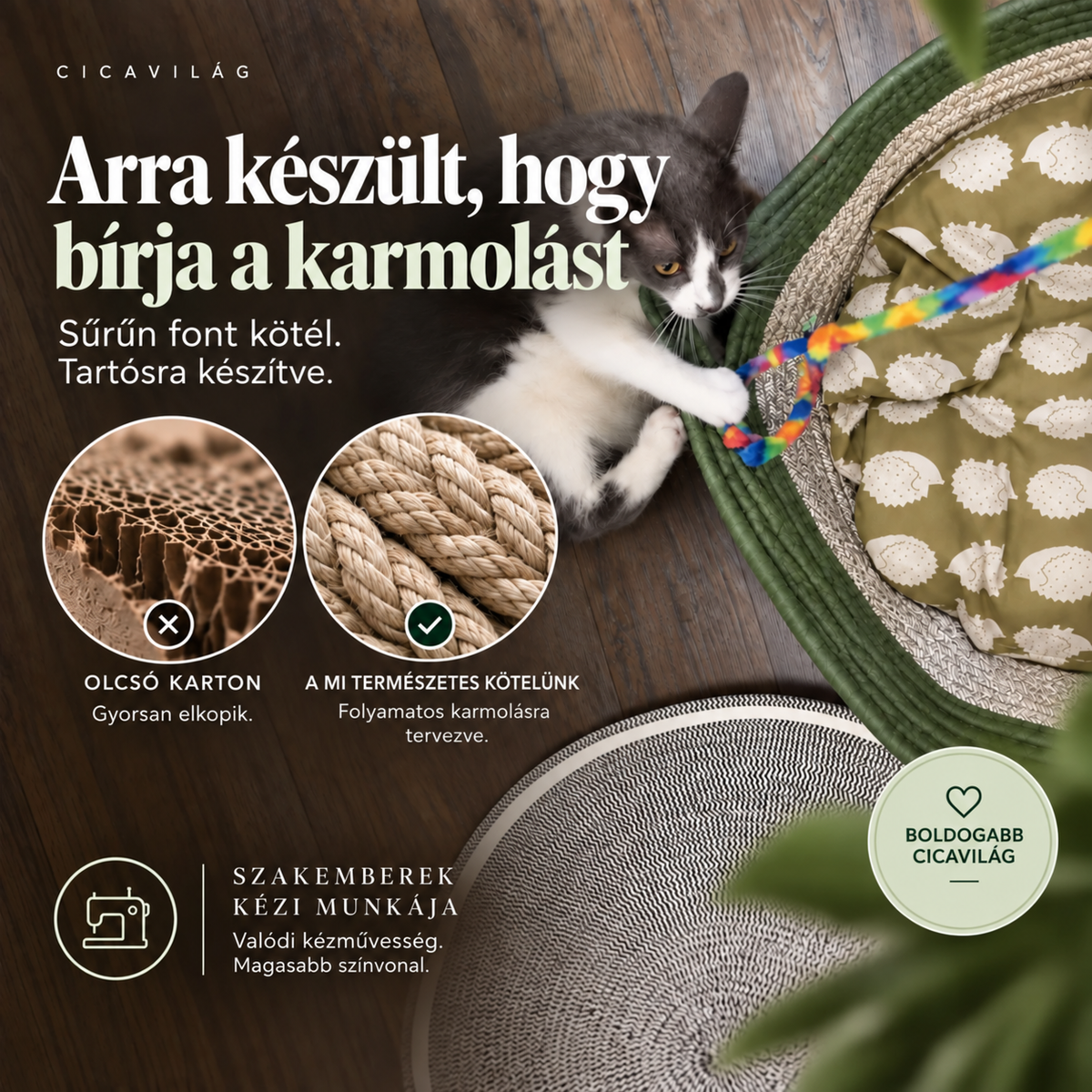 Cicavilág Ösztönkosár | Kézzel font macskakosár lakásban élő cicáknak